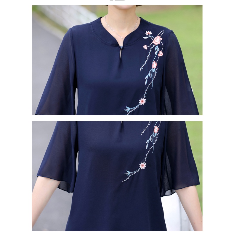 Đồ bộ trung niên nữ cho mẹ, Hàng Quảng Châu cao cấp, Bộ voan hoa xanh dương V'vie Ladies #B24