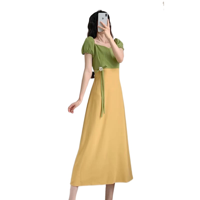 Đầm Tay Phồng Dáng Dài Chiết Eo Kiểu Vintage Hàn Quốc Dễ Thương Cho Nữ