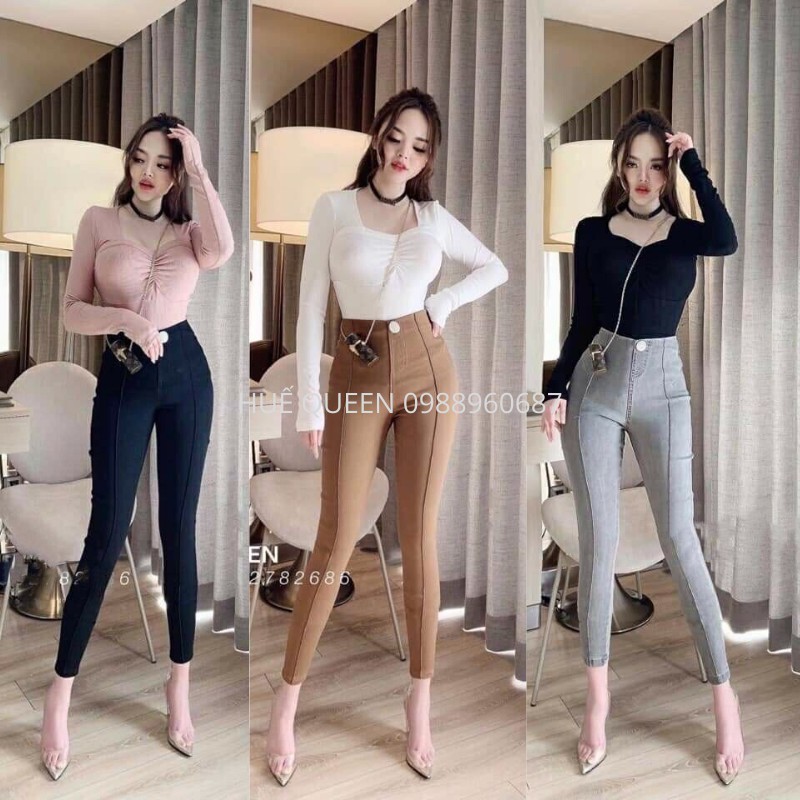 Quần bò giấy quần jean kaki nữ gân giữa cạp cao cực cá tính và thời trang