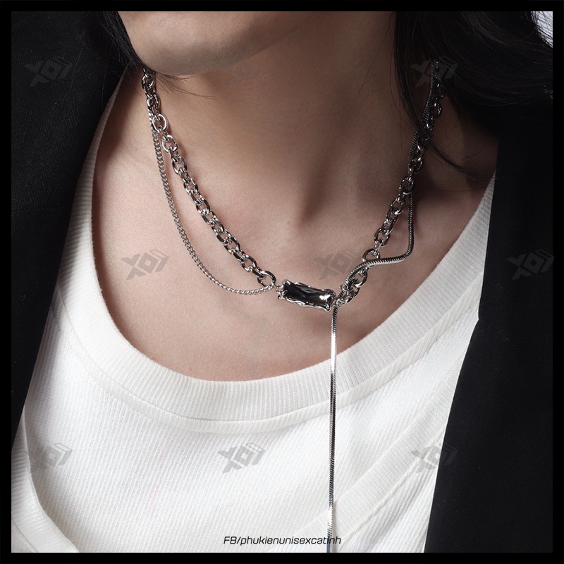 Vòng cổ Mặt Đính Đá Màu Đen Bằng Thép Titan Không Gỉ - Dây Chuyền Nam Nữ Thời Trang Phá Cách