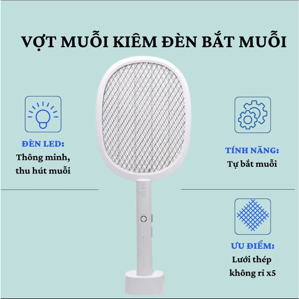 Vợt muỗi thông minh tự động bắt muỗi bằng ánh sáng tím có màng bảo vệ an toàn, vợt muỗi đa năng 3 in 1
