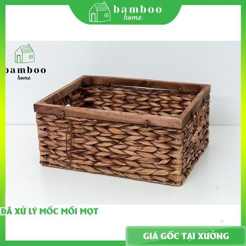 Giỏ lục bình THE BAMBOO đan thủ công hình chữ nhật có khung gỗ đựng quần áo sách truyện