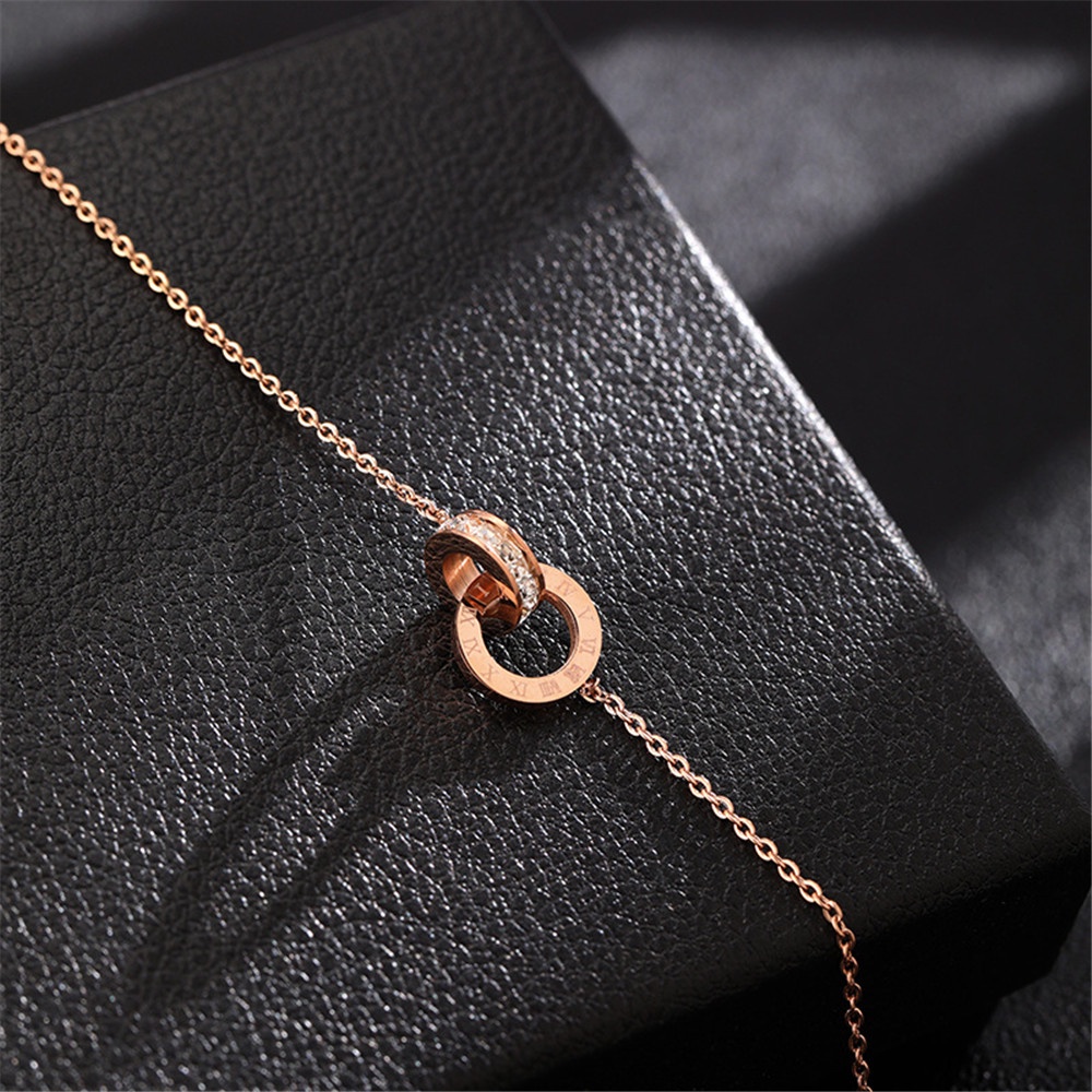 Vòng cổ mặt nhẫn đôi bằng thép không gỉ đính đá zircon đơn giản cho nữ