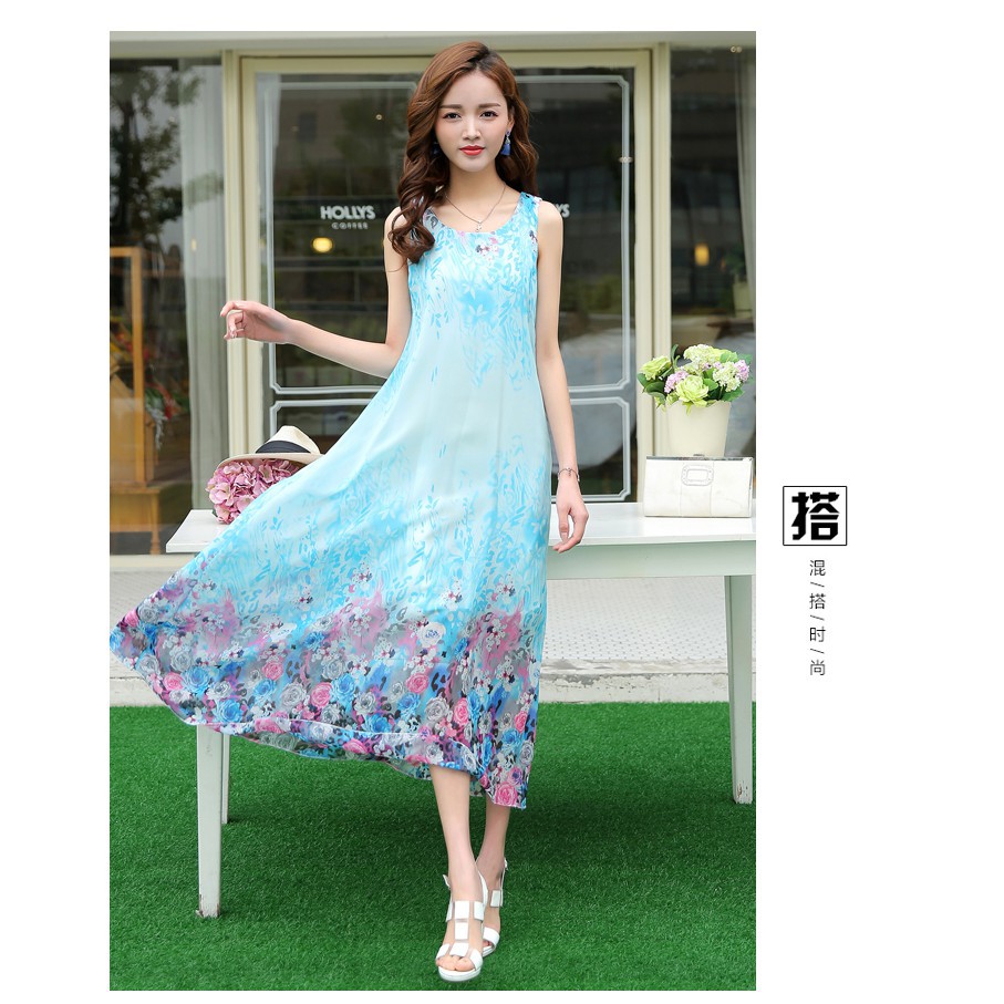 Đầm maxi voan  kèm dây thắt lưng hoa DX03 - Đầm suông maxi đi biển, đi dạo phố | BigBuy360 - bigbuy360.vn