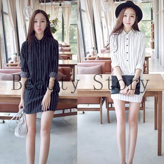 Đầm sơmi dài tay họa tiết sọc thời trang