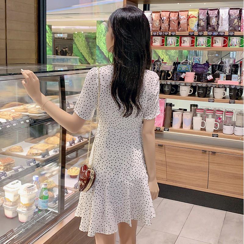 Đầm lưng cao cổ chữ V hoạ tiết chấm bi phong cách retro đầm hoa váy hoa nhí