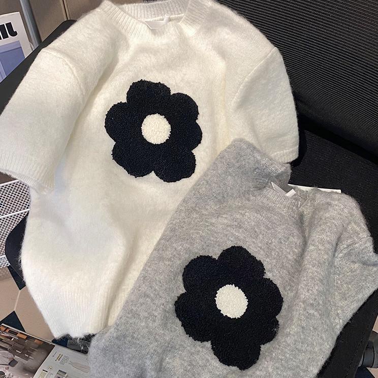 Áo Sweater Dệt Kim Tay Ngắn Cổ Tròn Ba Chiều Mềm Mại In Họa Tiết Hoa Thời Trang Xuân Thu Cho Nữ