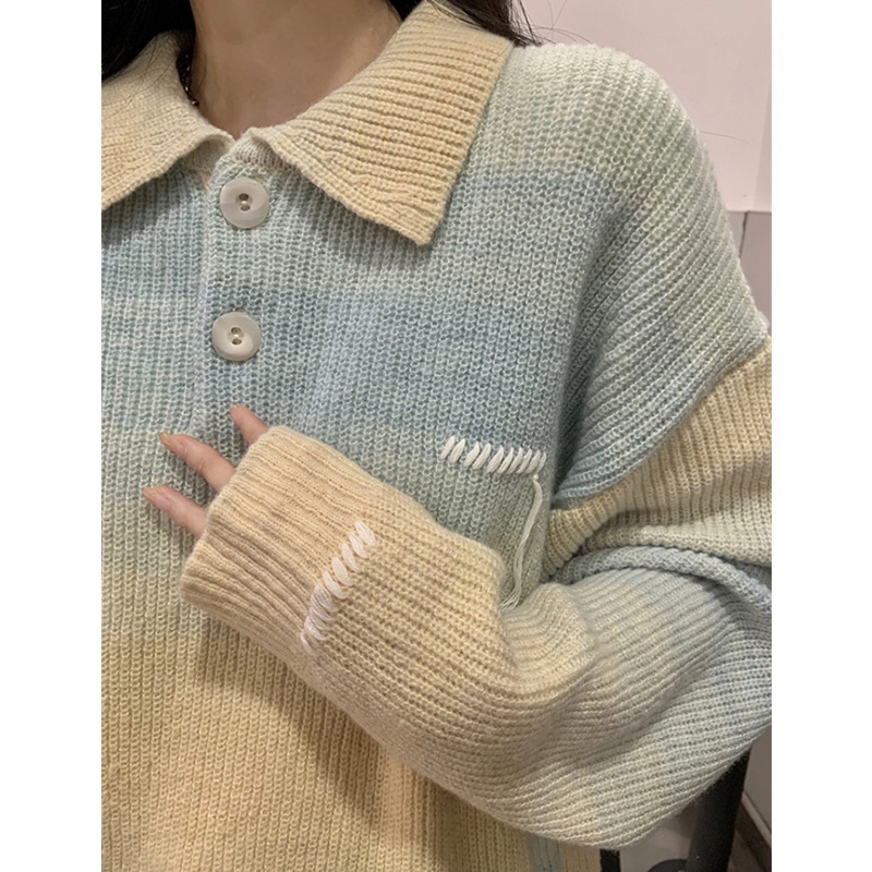 Áo Sweater Dệt Kim Cổ polo Dáng Rộng Màu Sắc Cầu Vồng Xinh Xắn Dành Cho Nữ