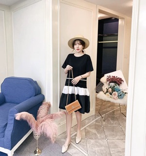 (Order) bigsize Đầm dáng xoè đuôi cá phối đen trắng