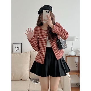 Áo khoác dạ tweed đỏ/xám nữ dài tay