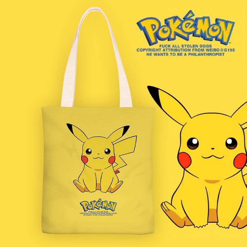 Pokemon Pikachu cartoon canvas bag Túi vải túi một vai cô gái túi xách túi học sinh túi zipper túi túi môi trường