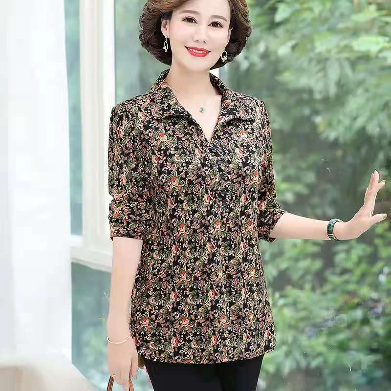 Ve áo hoa kích thước lớn áo pull dài tay mùa thu 2021 mới người trung niên và người mẹ lớn tuổi áo blouse rộng