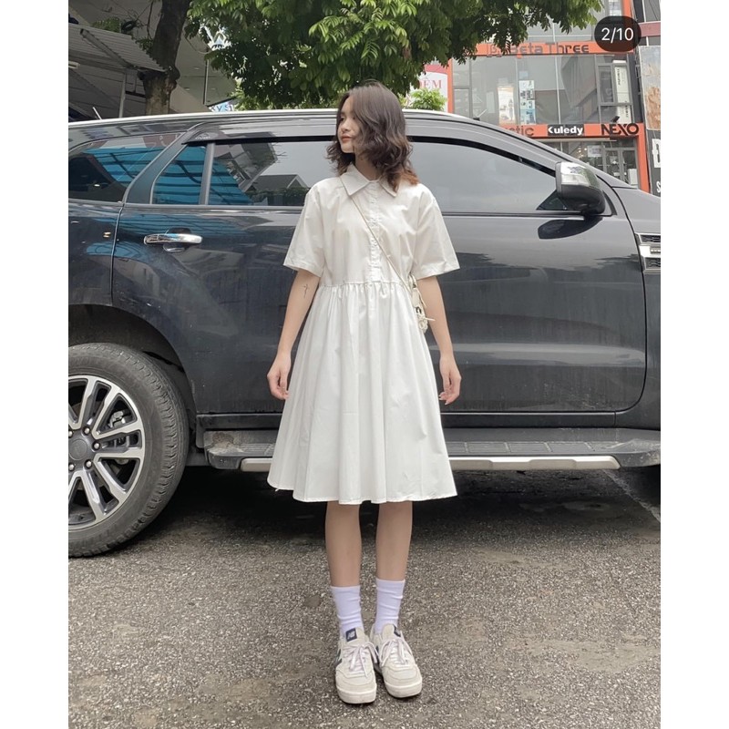 (CLIP THẬT) Đầm babydoll trắng cổ sơ mi dáng xòe | BigBuy360 - bigbuy360.vn