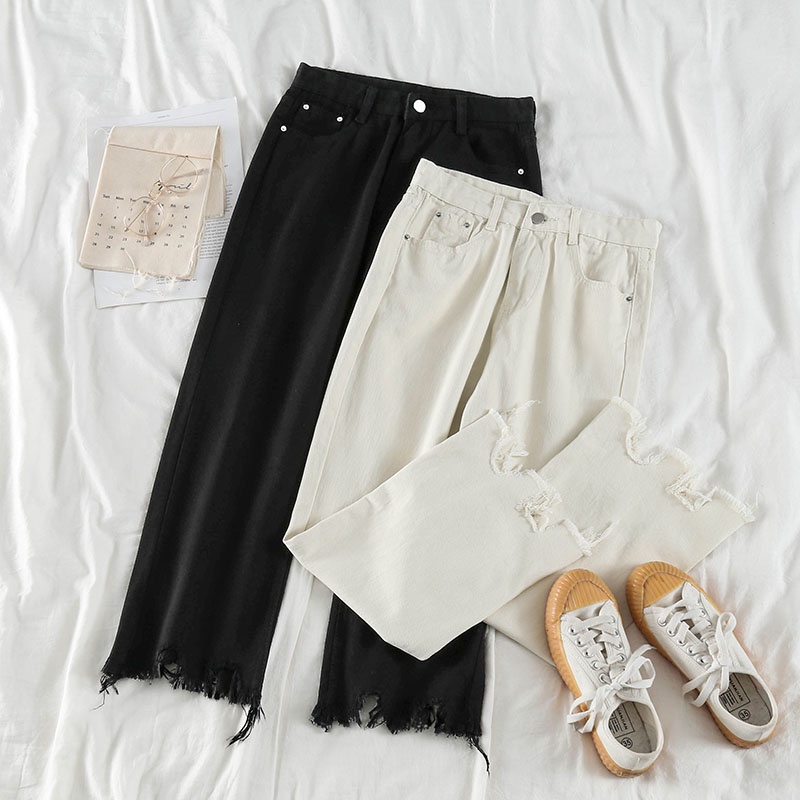 Quần Denim Nữ Lưng Cao Dáng Rộng Phong Cách Hàn Quốc