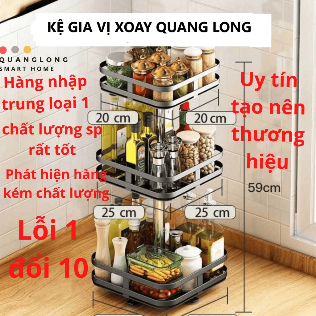 Kệ đựng gia vị xoay 360 độ 2 Tầng/3 Tầng kệ để đồ nhà bếp thông minh dáng vuông tròn_QUANGLONG.