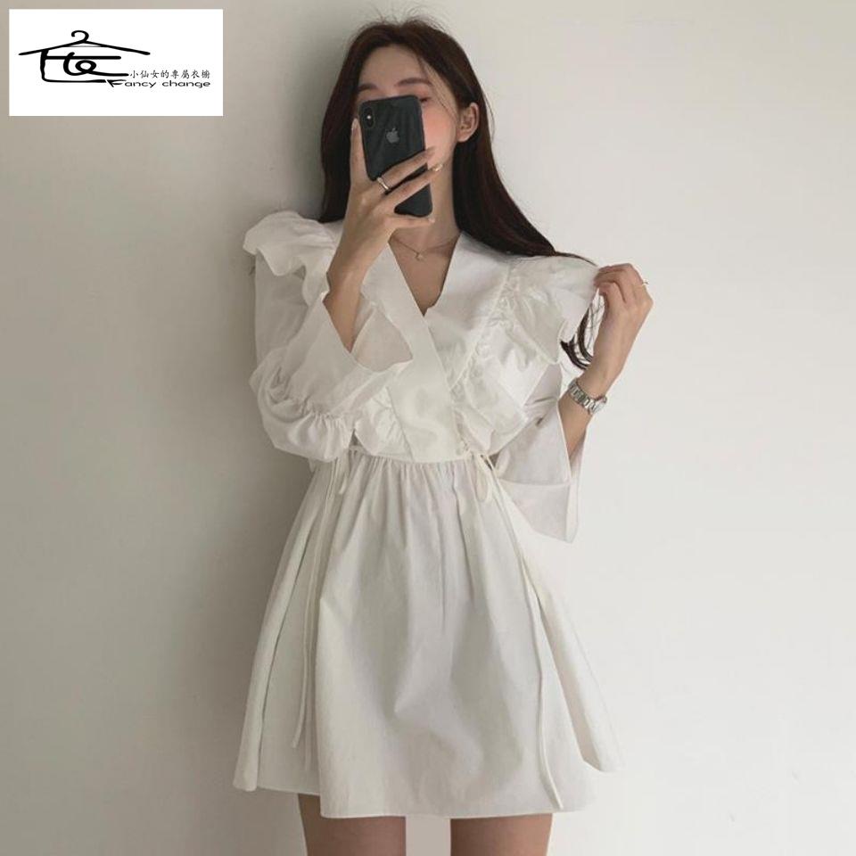 Đầm Ngắn Tay Loe Cổ Chữ V Thắt Eo Thời Trang Xuân Thu Phong Cách Mới