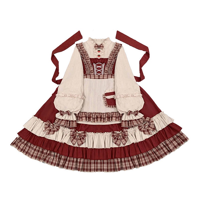 Đầm tay dài màu đỏ phong cách Lolita Nhật Bản