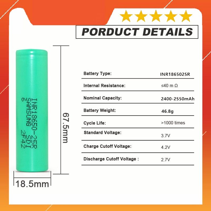 Pin Samsung INR18650 - 25R, dung lượng 2500mAh - xả  20A