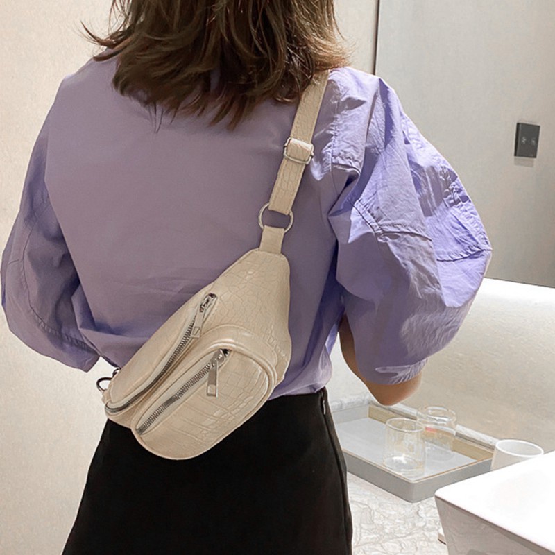 Crocodile Pattern Women's Belt Bag Fashion PU Leather Shoulder Messenger Bag Outdoor Sports Chest Bag White