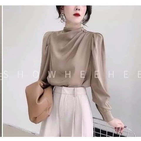 Áo Sơ Mi Nữ Gloria Shop chất lụa satin, áo đính cúc vai tay dài kiểu thời trang sếp ly vai sang trọng