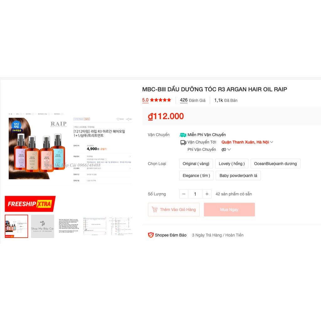 MBC DẦU DƯỠNG TÓC R3 ARGAN HAIR OIL RAIP | BigBuy360 - bigbuy360.vn