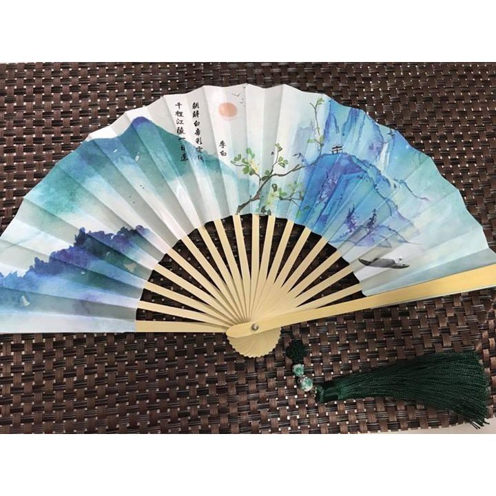 ( 90 ) Quạt cổ trang sóng biển dây tuyến cổ đại in họa tiết trang trí đẹp cosplay phong cách cổ trang cổ đại