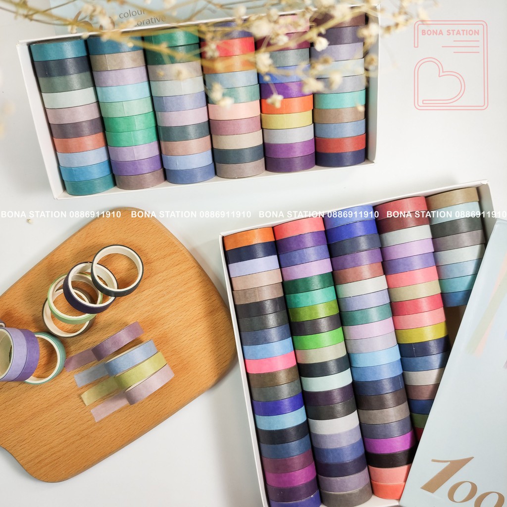 Bộ 60 cuộn 100 cuộn washi tape Basic băng keo màu trơn dán sổ trang trí bullet journal | BSW110