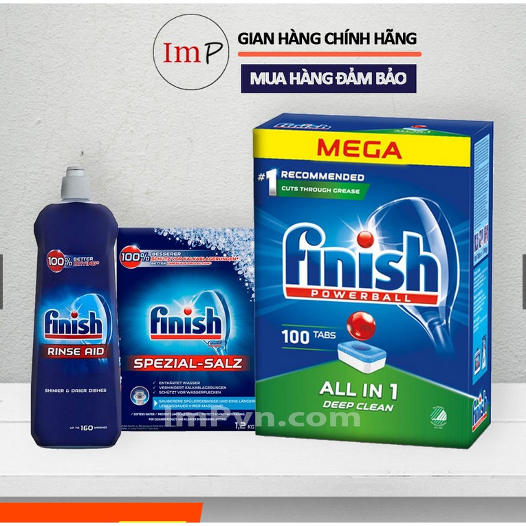 Combo Viên rửa bát Finish Hộp All in one 100 viên, Muối Finish 1.2kg, Nước làm bóng 750ml