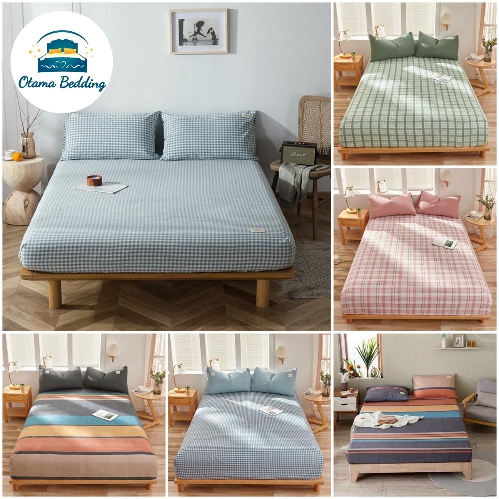 Bộ ga gối cotton tici kẻ caro drap giường bo chun 1m2 1m4 1m6 1m8 2m2 cao cấp - Otama Bedding