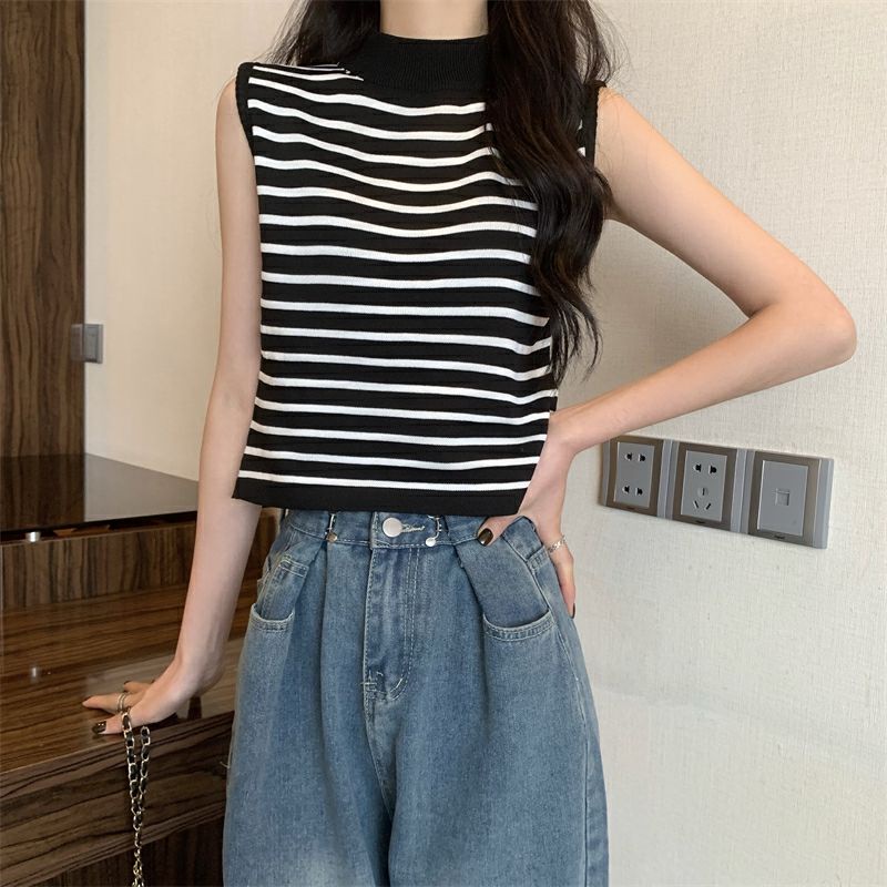 Áo Sweater Không Tay Dáng Ôm Họa Tiết Kẻ Sọc Trắng Đen Thời Trang Mùa Hè 【ZHELIHANGFEI】 / 2022