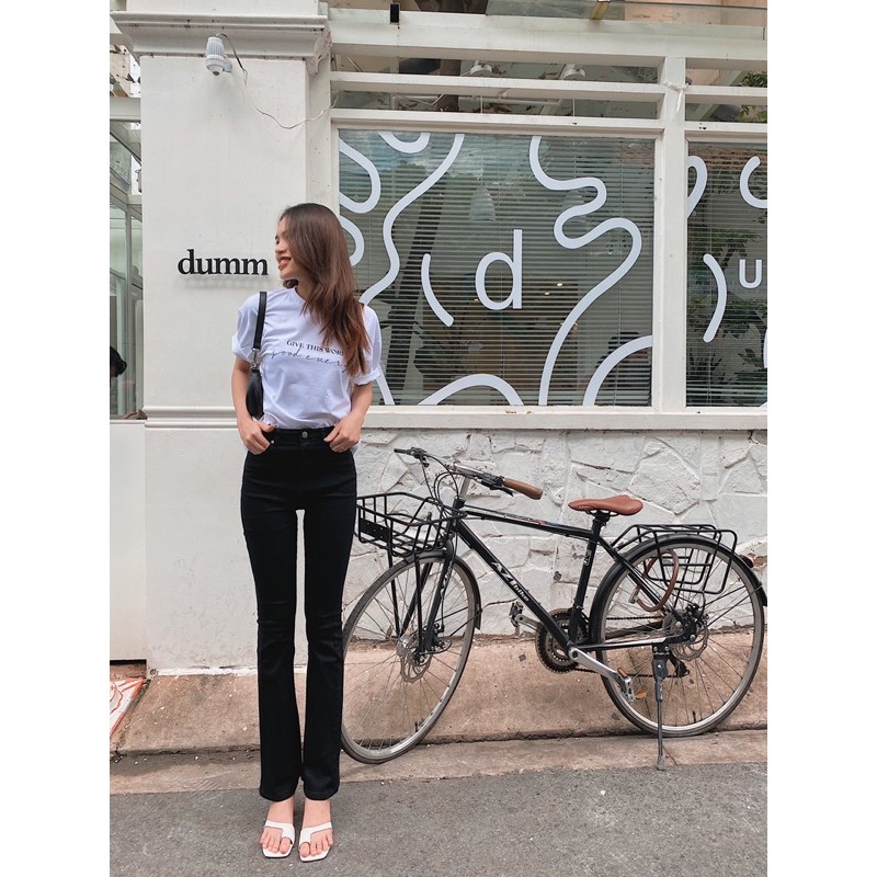 Quần jean nữ lưng cao ống loe, Super High Waisted Flare Jean, LUCETFASHION, quần bò nữ