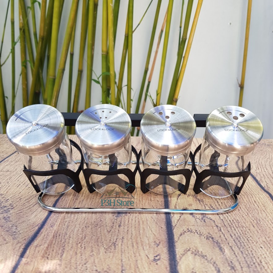 Bộ 4 Lọ Đựng Gia Vị Lock&amp;Lock dung tích 130mlx4 kèm giá đỡ LLG842 - Slim Spice Jar Set
