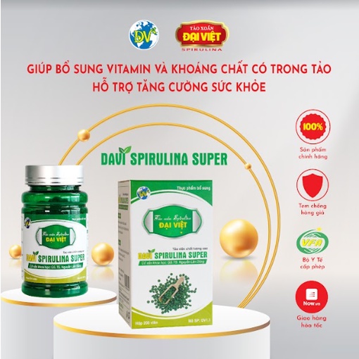 Tảo xoắn Đại Việt Davi Super Viên uống Spirulina cao cấp Giúp bổ sung Vitamin và khoáng chất DV1.1/DV2.1