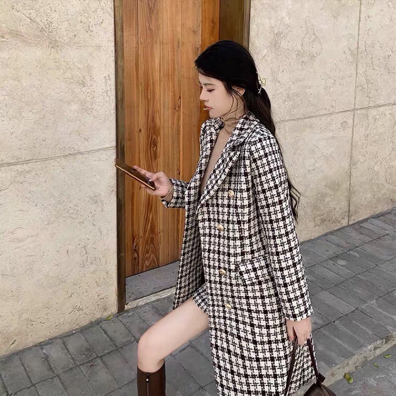 Set áo khoác+chân váy dạ kẻ