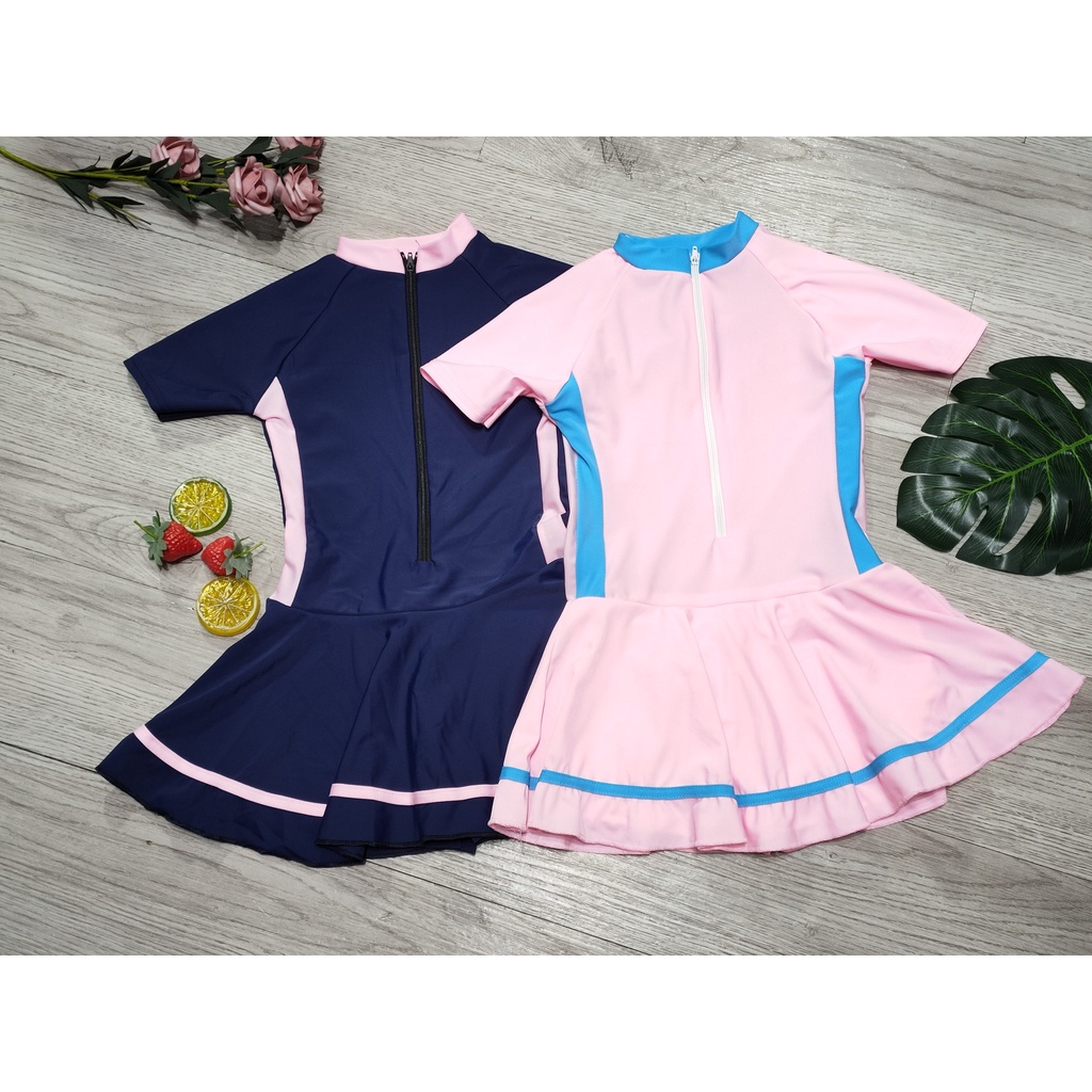 Bộ bơi bé gái liền thân tay ngắn 1 mảnh chân váy họa tiết nhiều màu cho bé từ 10kg đến 40kg Bin Sports BB015