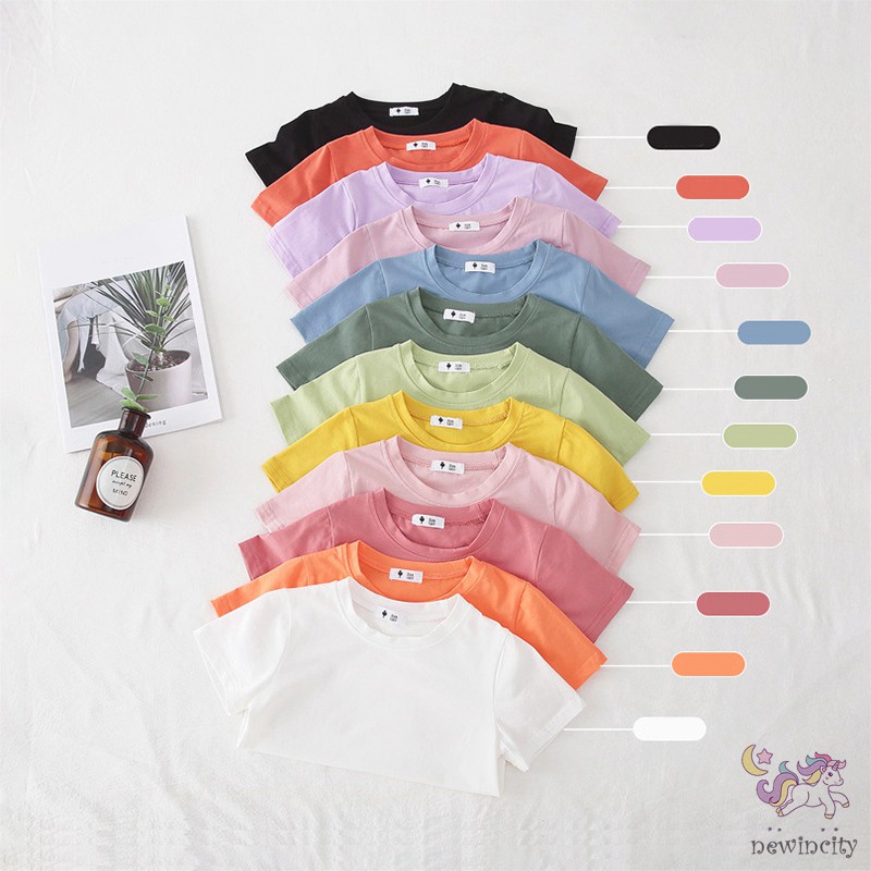 Áo Thun Tay Ngắn Màu Trơn Phong Cách Hàn Quốc Cho Bé Gái