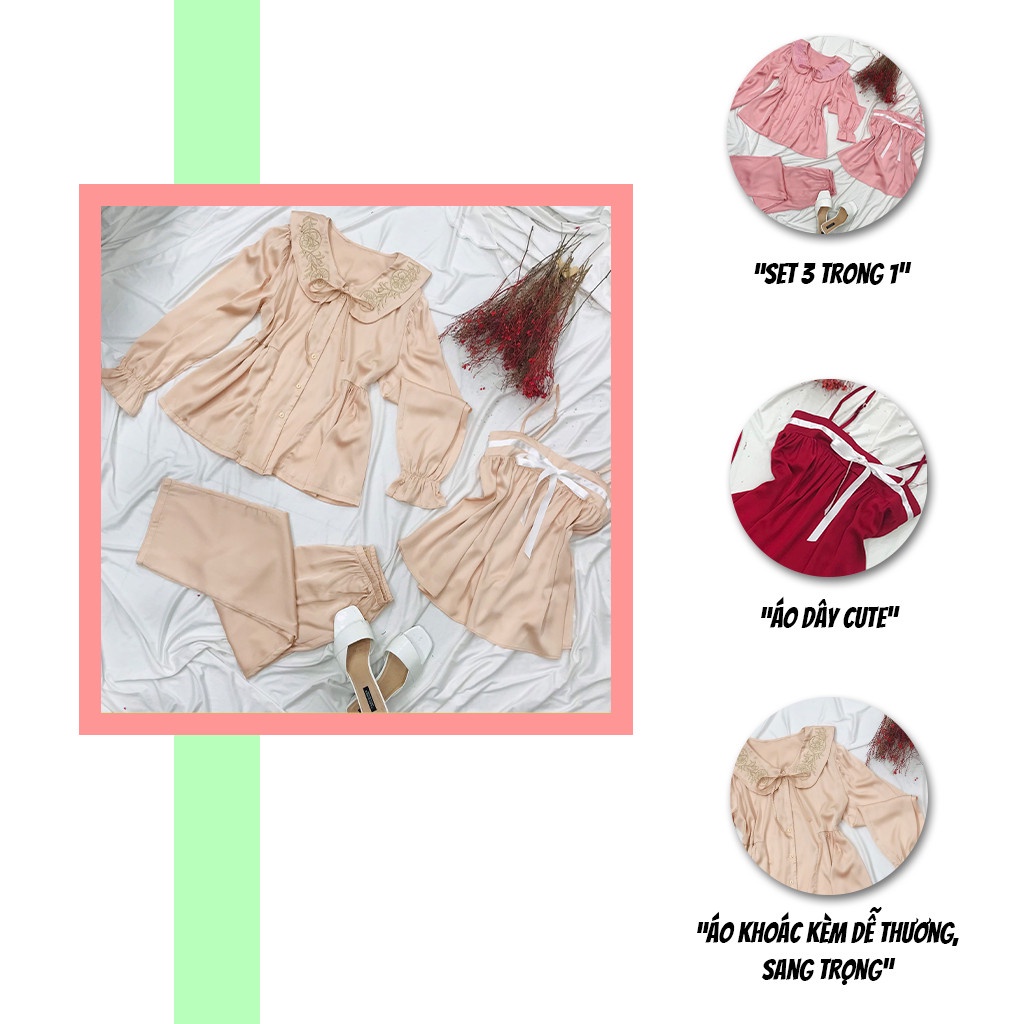 Set đồ ngủ SBORG bộ ngủ lụa latin áo khoác dài tay họa tiết phối áo 2 dây dễ thương và quần dài có túi freesize 65kg