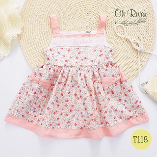 Đầm Oli River 2 dây hoa san hô hồng 1-8y