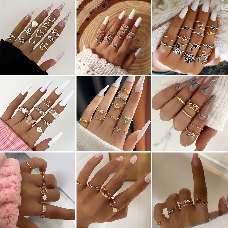 Set nhẫn RINHOO FRIENDSHIP hợp kim nhiều kiểu dáng phong cách bohemia thời trang