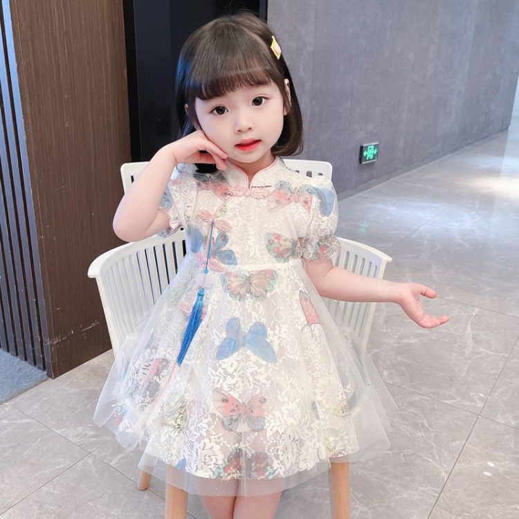Đầm công chúa phối ren họa tiết bướm phong cách Trung Hoa thời trang mùa hè mới cho bé gái