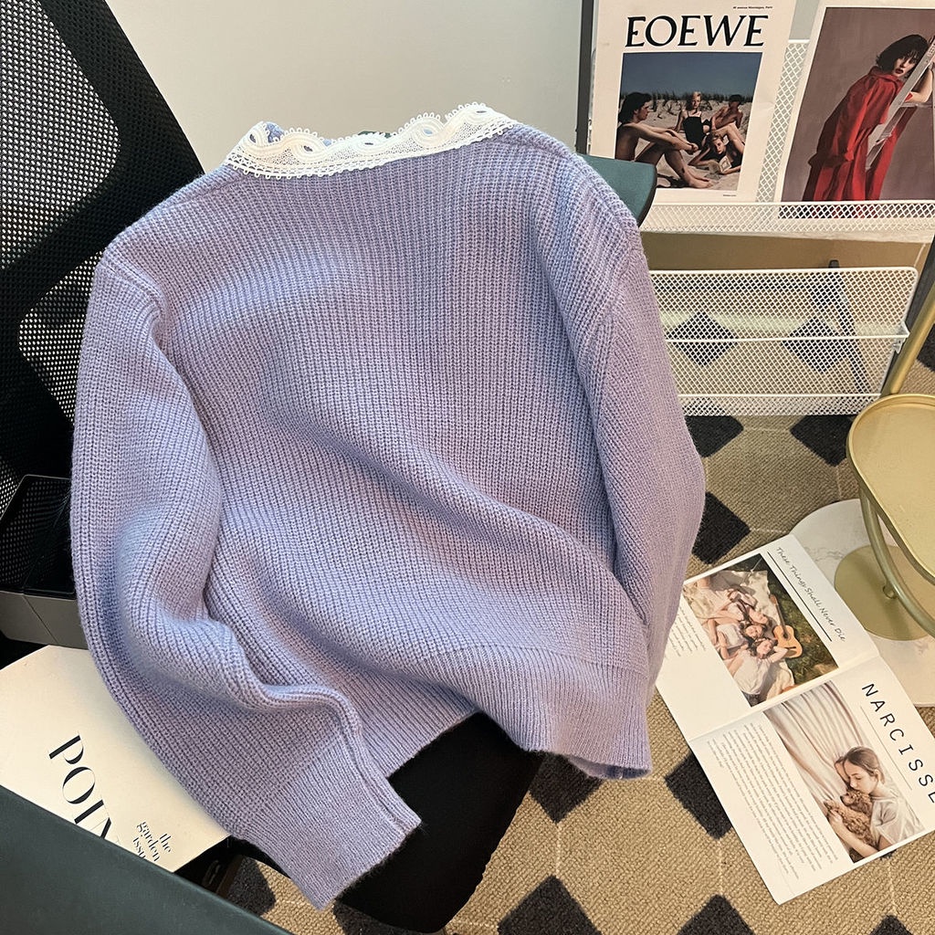 Áo Khoác Cardigan Dệt Kim Mỏng Mềm Mại Cổ Chữ V Phối Ren Thời Trang Xuân Thu Dành Cho Nữ