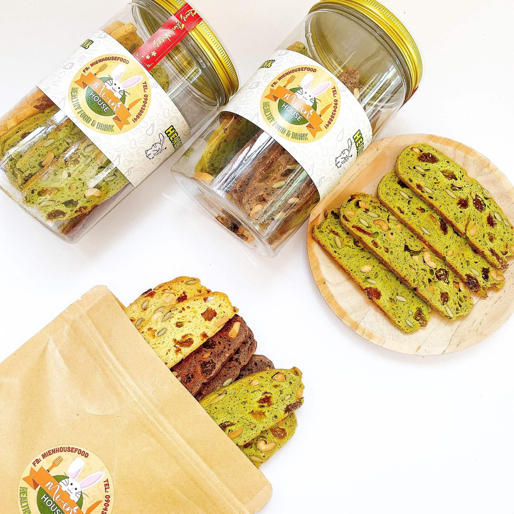 Bánh Biscotti mix 3 vị cacao, hạnh nhân, matcha và hạt ngũ cốc dành cho người ăn kiêng 100gr