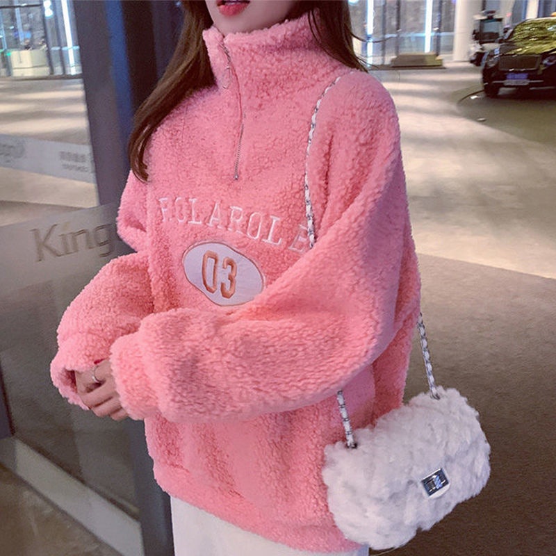 Áo Sweater cổ cao dáng rộng lót nhung dày dặn giữ ấm thời trang thu đông cho nữ