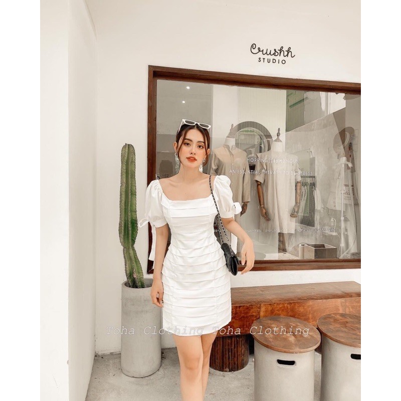 Đầm trắng❤️Hình thật 100%❤️Đầm body trắng xếp lớp thắt nơ tay