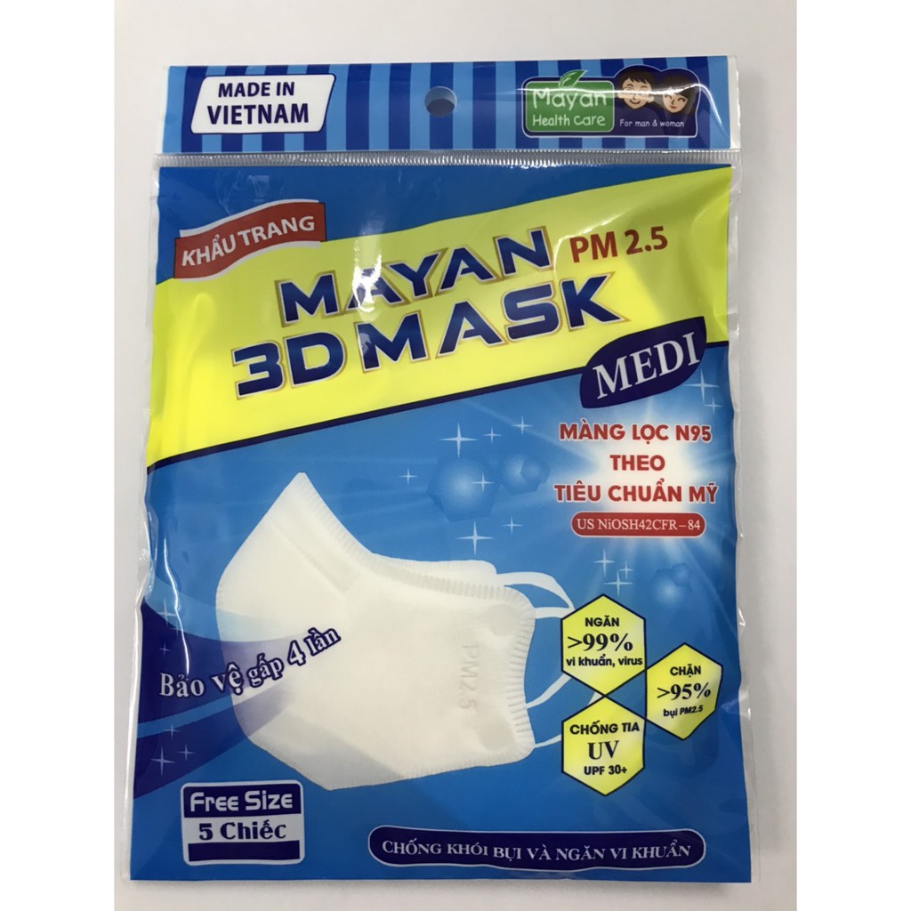 Khẩu Trang Kháng Khuẩn PM2.5 Mayan 3D Mask - Gói 5 Cái Màu Sọc Xanh, Trắng (Màu Ngẫu Nhiên)