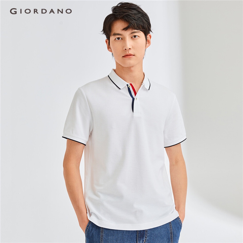 Áo thun polo GIORDANO 01012426 tay ngắn dáng ôm phối sọc màu tương phản dành cho nam