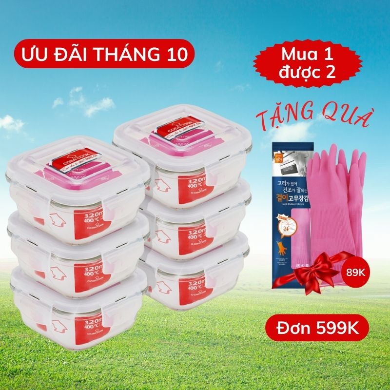 Bộ 6 hộp thủy tinh đựng thực phẩm chịu nhiệt hình vuông 320 ml- CCS36