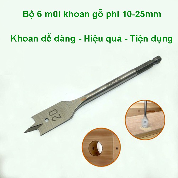 Bộ 6 mũi khoan gỗ khoét lỗ đuôi cá size từ 10-25mm