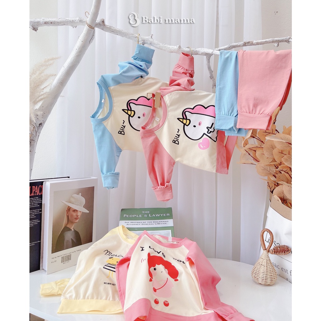 Quần áo trẻ em BABI MAMA Bộ đồ thu đông dài tay cho bé gái 100% cotton 7-20kg TD04