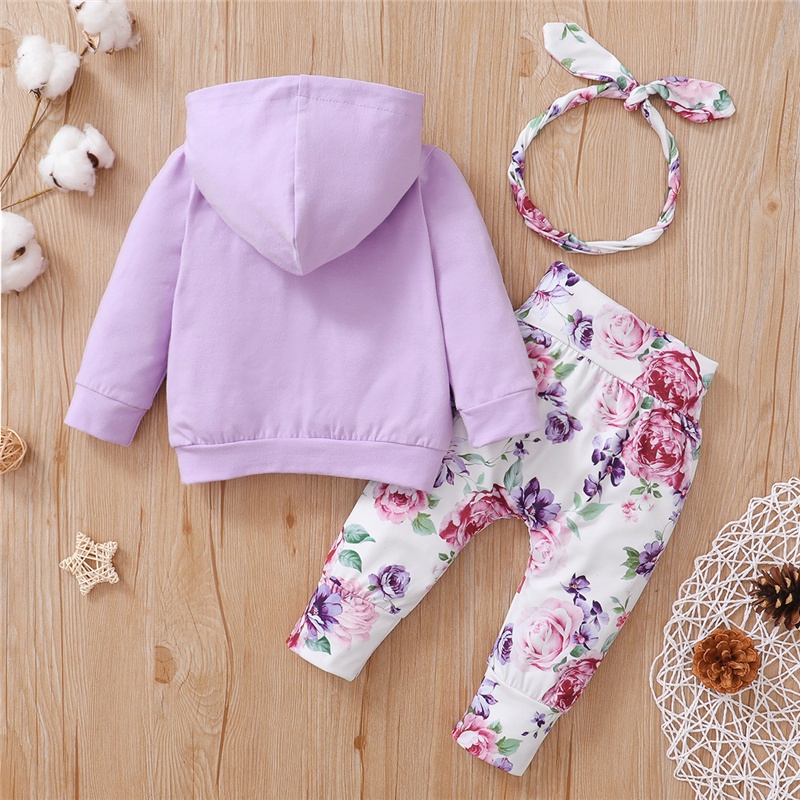 Set trang phục MIKRDOO áo hoodie tay dài quần dài và băng đô nơ cotton họa tiết hoa màu tím xinh xắn dành cho bé gái